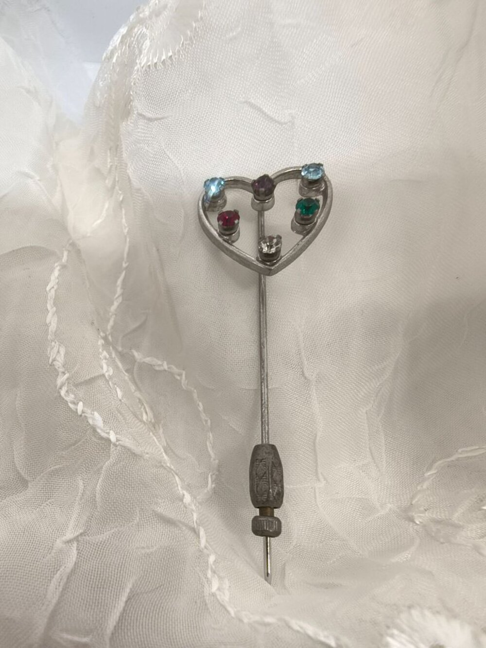 Vintage Anson Sterling Silver Heart Stick Pin With Multicolored Rhinestones - Picture 3 of 7